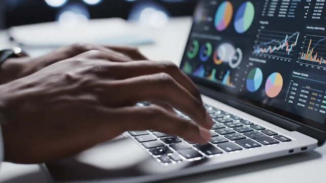 Hands typing on a laptop, displaying data visualizations. The person is working and focusing on the screen
