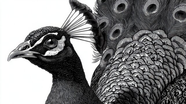 Black and white drawing of a peacock with its head turned to the left. The peacock is the main focus of the image, and its feathers are spread out, giving it a sense of movement and grace
