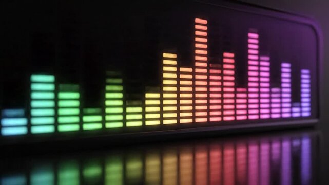 Color Spectrum Symphony: A vibrant digital sound equalizer pulsates with a spectrum of colors, showcasing the dynamism of audio frequencies with rich tones and the rhythm of music.