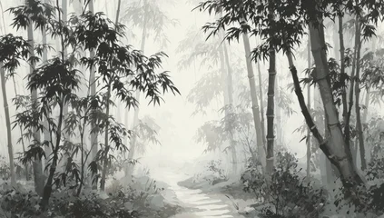 Acrylglasbilder Waldweg Misty bamboo forest pathway, rendered in monochromatic ink wash style  © Yus