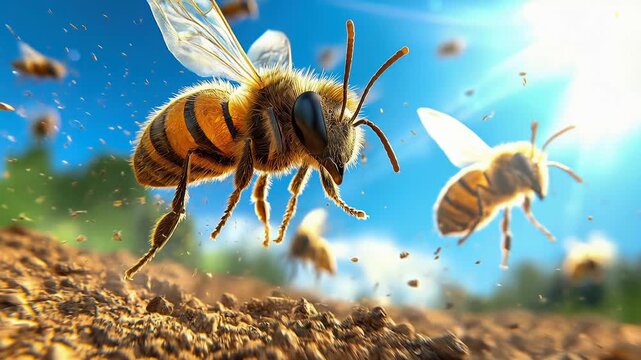 Flying bee insect pollinator nature macro closeup wildlife summer vibrant energetic environment animal wing yellow brown striped garden outdoor