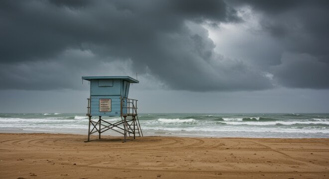 Moody beachscape lifeguard tower under ominous skies with tire tracks in the sand