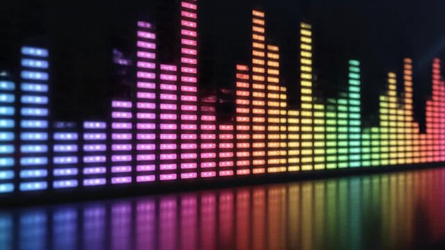 Audio Spectrum Visual: A vibrant, multi-colored audio spectrum dances, displaying the energy of sound through an array of illuminated bars. This graphic element represents music, audio.