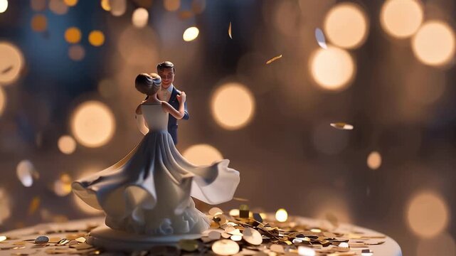 Classic bride and groom cake topper with confetti celebrating love at a wedding reception in an elegantly lit venue