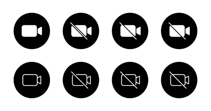 Enable and disable video camera icon in black circle. Webcam active and mute symbol. Online meeting control symbol