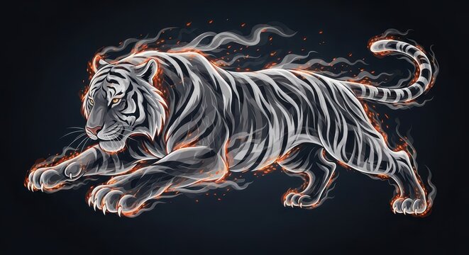 Powerful white tiger illustration surges forward enveloped in ethereal smoke and glowing embers