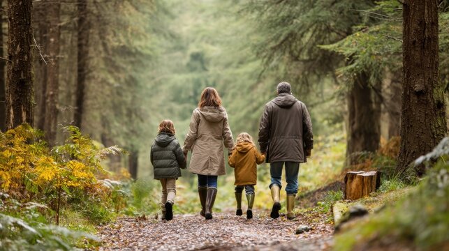 A family walks hand in hand down a gravel path in a forest. Tall trees surround them with leaves changing colors. It is late afternoon and they enjoy the outdoors together.