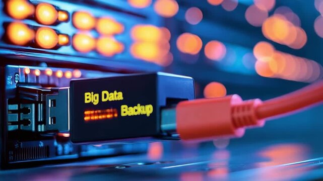 USB Drive for Big Data Backup Connected to Server with Vibrant Blue and Orange Lights, Symbolizing Data Storage, Security, and Technology Connection