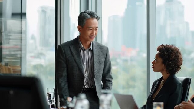 Business meeting taking place in a modern office with an Asian business person leading the discussion during late morning hours