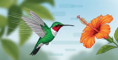 Obraz premium Small iridescent bird hovers midair approaching a large bright orange blossom
