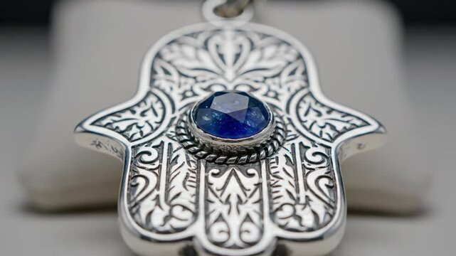 Intricate silver Hamsa hand pendant with blue gemstone