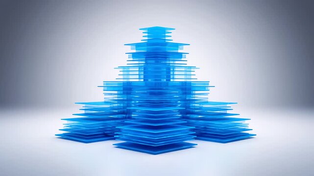 Abstract 3d blue glass pyramid structure representing data architecture and server database stack on white background