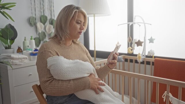 Woman holds infant wrapped in knit blanket with hand while scrolling smartphone screen in studio; maternal serenity.