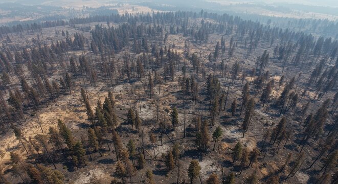 Aerial view of devastated forest after wildfire, charred trees and landscape