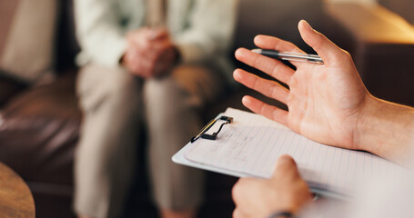 Therapist, patient or hands with notes in office, mental health support or assessment for counseling. Psychology, consultation or person with advice for client, explain coping mechanism or clipboard