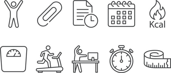 Linear vector icon set for health fitness and weight management featuring treadmill running stopwatch timers calorie counting scales measuring tapes and workout schedule symbols