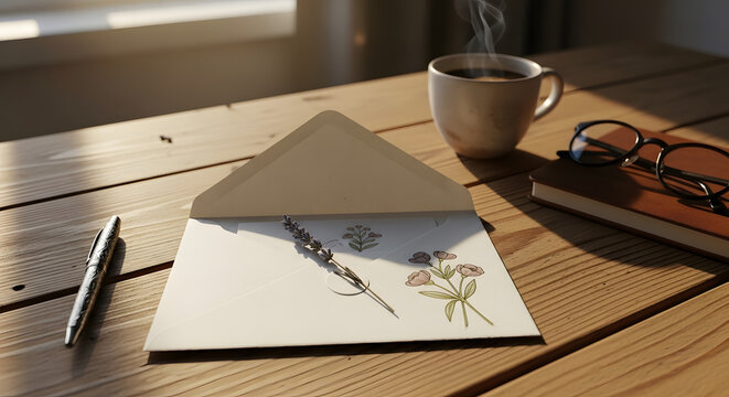 A warm, inviting scene of an open envelope with a handwritten letter and dried flowers on a wooden table, with a cup of coffee nearby.