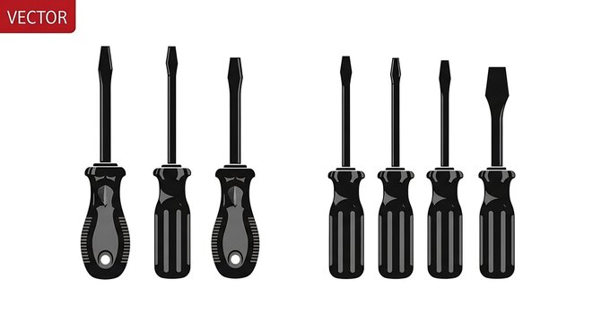 Set of black handled screwdrivers isolated.