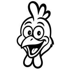 Fototapeta premium Laughing Cartoon Chicken Head in Side View with Open Beak Black Vector Graphic