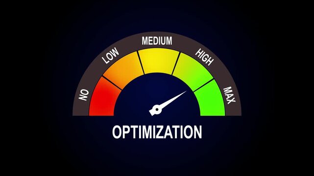 Optimization Level Meter Gauge Animation Showing Performance Improvement Scale From Low To Maximum On Dark Background Business Concept
