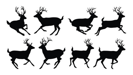 Eight black silhouettes of deer in various running and standing positions isolated on white background, Vector