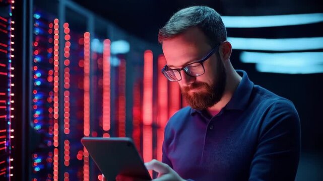 Please use higher grade of AI model for this vdo man with glasses using tablet dimly lit server room, surrounded by glowing red and blue lights from server racks, creating futuristic, focused