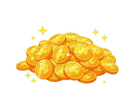 Pile of gold coins with shamrocks, lucky treasure and wealth concept