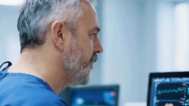 Medical Professional Analyzing Patient Data and Brain Scans on Computer Screen in Modern Hospital Setting, Focusing on Neurological Patterns, Vital Signs, and Technology in Healthcare Analysis