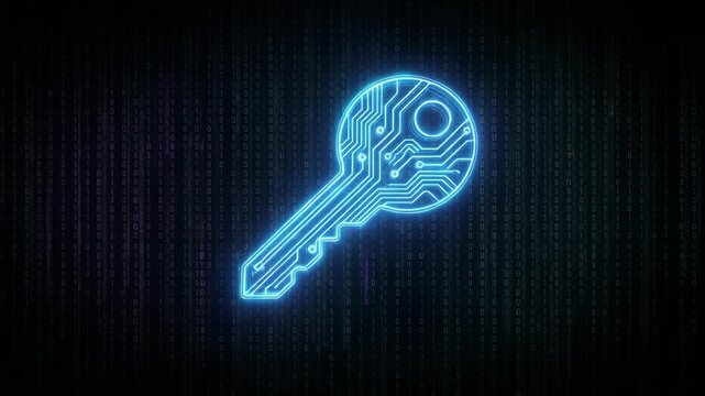 Glowing digital key with circuit pattern on binary code background representing cybersecurity and data protection