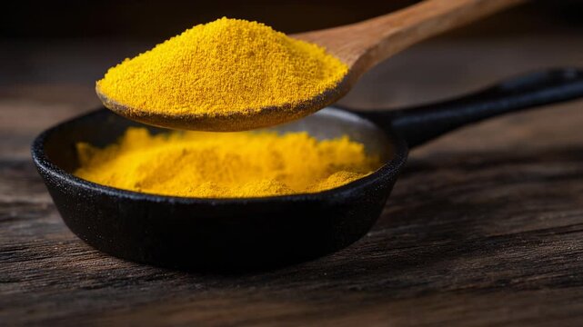 Close up of vibrant yellow turmeric powder in wooden spoon and cast iron pan on rustic wooden table