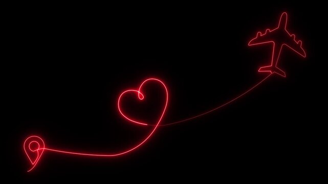 Neon airplane with love route dotted line animation on black background. glowing journey or travel destination path motion. Flying plane icon 4k video.