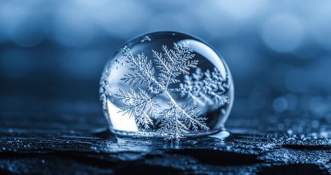Close-up of a crystal-clear ice sphere showcasing intricate snowflake patterns on a dark surface
