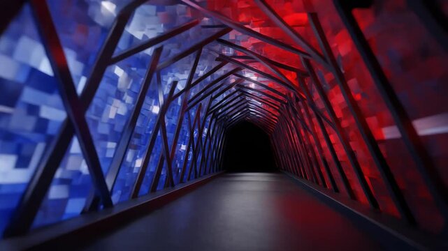 Futuristic illuminated tunnel with vibrant red and blue lights and geometric patterns