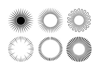 Set of six black and white circular decorative sunburst icons, radial sun rays and starburst vector elements