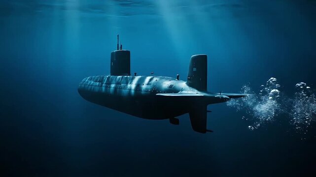 Cinematic Underwater Shot of a Modern Nuclear Submarine Cruising Through Deep Blue Ocean Waters with Sunbeams and Bubbles