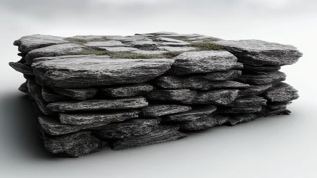 Stack of natural flat gray stones arranged in layered formation with moss on top isolated on white background
