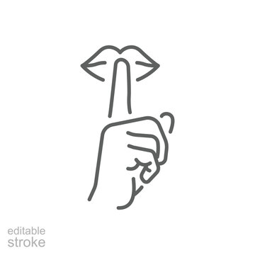 Please do quite pssst icon. Woman lips with finger showing silence sign. Do not disturb can be used for library infographic symbol. Outline illustration. Design on white background EPS 10. Editable
