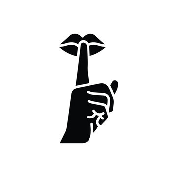 Please do quite pssst icon. Woman lips with finger showing silence sign. Do not disturb can be used for library infographic symbol. Silhouette illustration. Design on white background EPS 10.