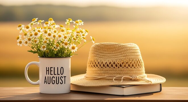 Summer still life with flowers hat and book on a wooden table
