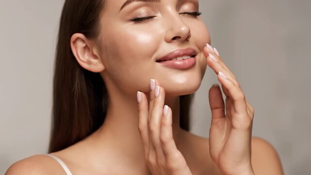 A woman's face, eyes closed, smiling gently, touching her cheek, with bright, healthy skin