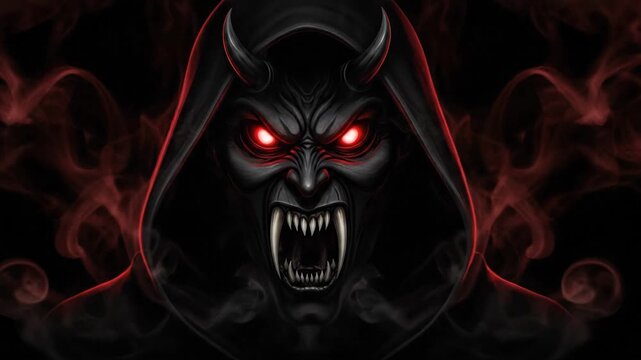 Scary Demon Face with Glowing Red Eyes and Smoke