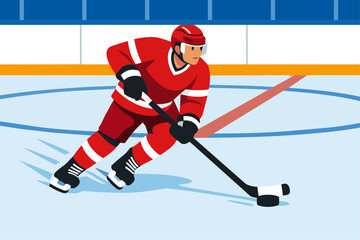 Fototapeta premium Ice Hockey Player Passing the Puck Flat vector illustration of an ice hockey player passing the puck to a teammate. Dynamic skating pose, rink background visible. Flat vector style, teamwork