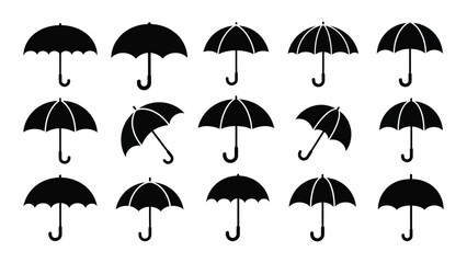 A collection of variously positioned black umbrellas on a white background. isolated on white background, Vector