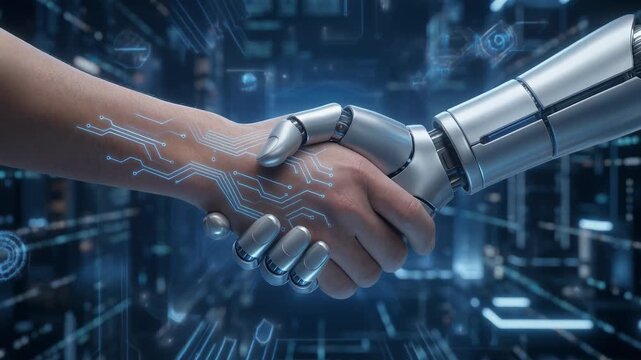 Human and robot handshake with digital technology background symbolizing AI partnership and innovation