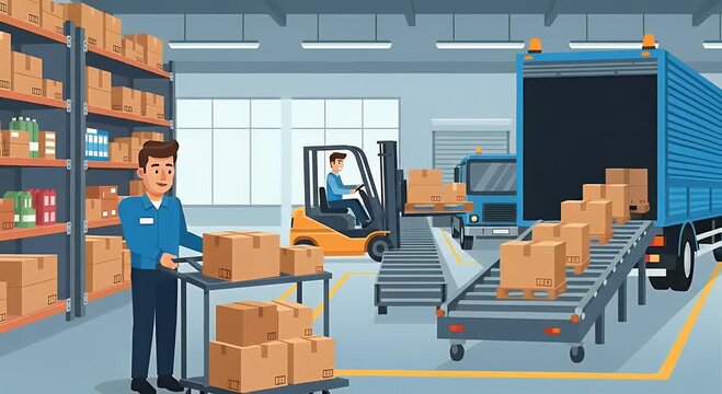 Warehouse scene with workers and forklift loading boxes industrial interior with shelves and a delivery truck conveying logistics and distribution