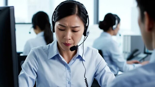 A concerned call center worker with a headset, expressing worry while talking on a call