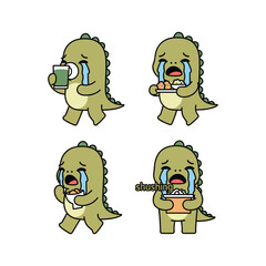 Obraz premium Crying cartoon dinosaur with various expressions on white background