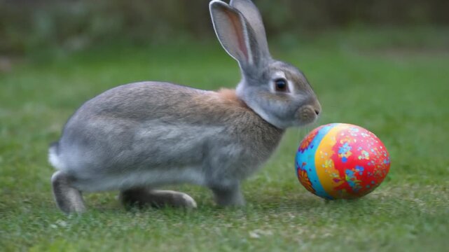 Cute bunny rabbit hopping along while carrying a brightly decorated Easter egg with colorful patterns.