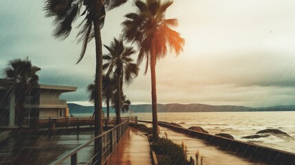 Palm trees near the pier in stormy day shot by iPhone with light leak effect