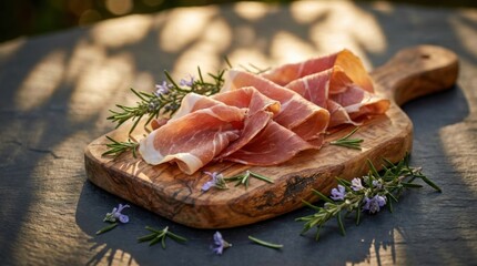 Elegantly draped rich Prosciutto di Parma slices artfully arranged on a rustic olive wood board with fresh rosemary, a beautiful culinary scene from .